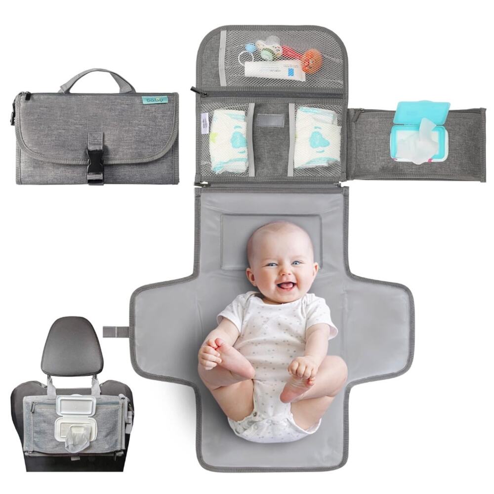 Kopi Baby Portable Diaper Changing Pad Travel Bag with Wipes Pocket- Gray